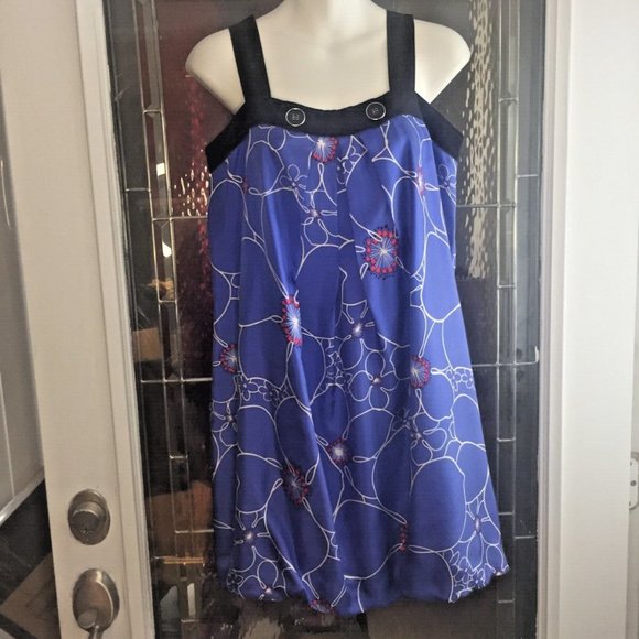 Tibi Royal Blue w red floral 100% Silk Dress Bubble Hem Spaghetti straps sz 6 - Picture 2 of 7